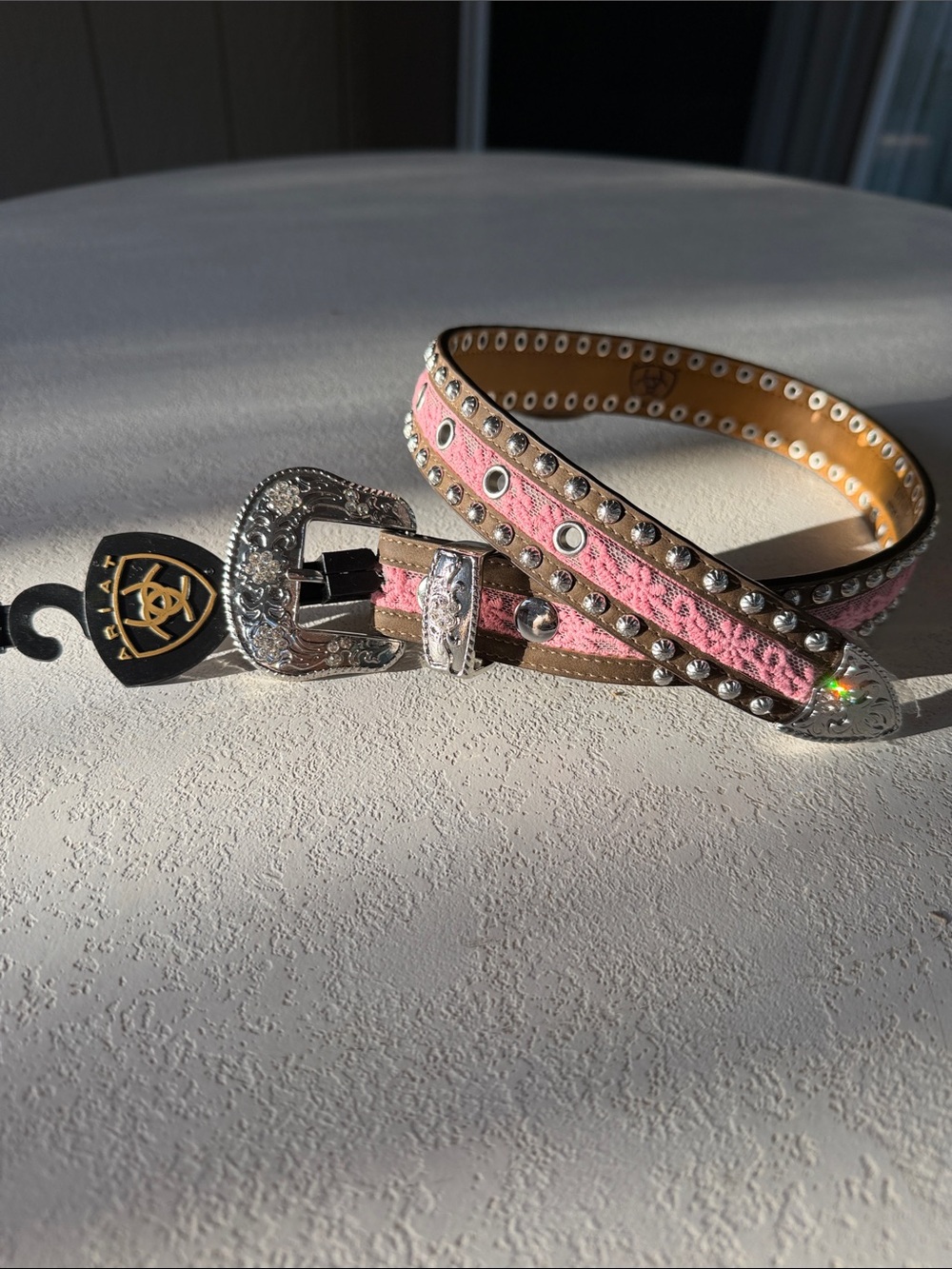 Ariat Pink Studded Western Belt with Silver Buckle